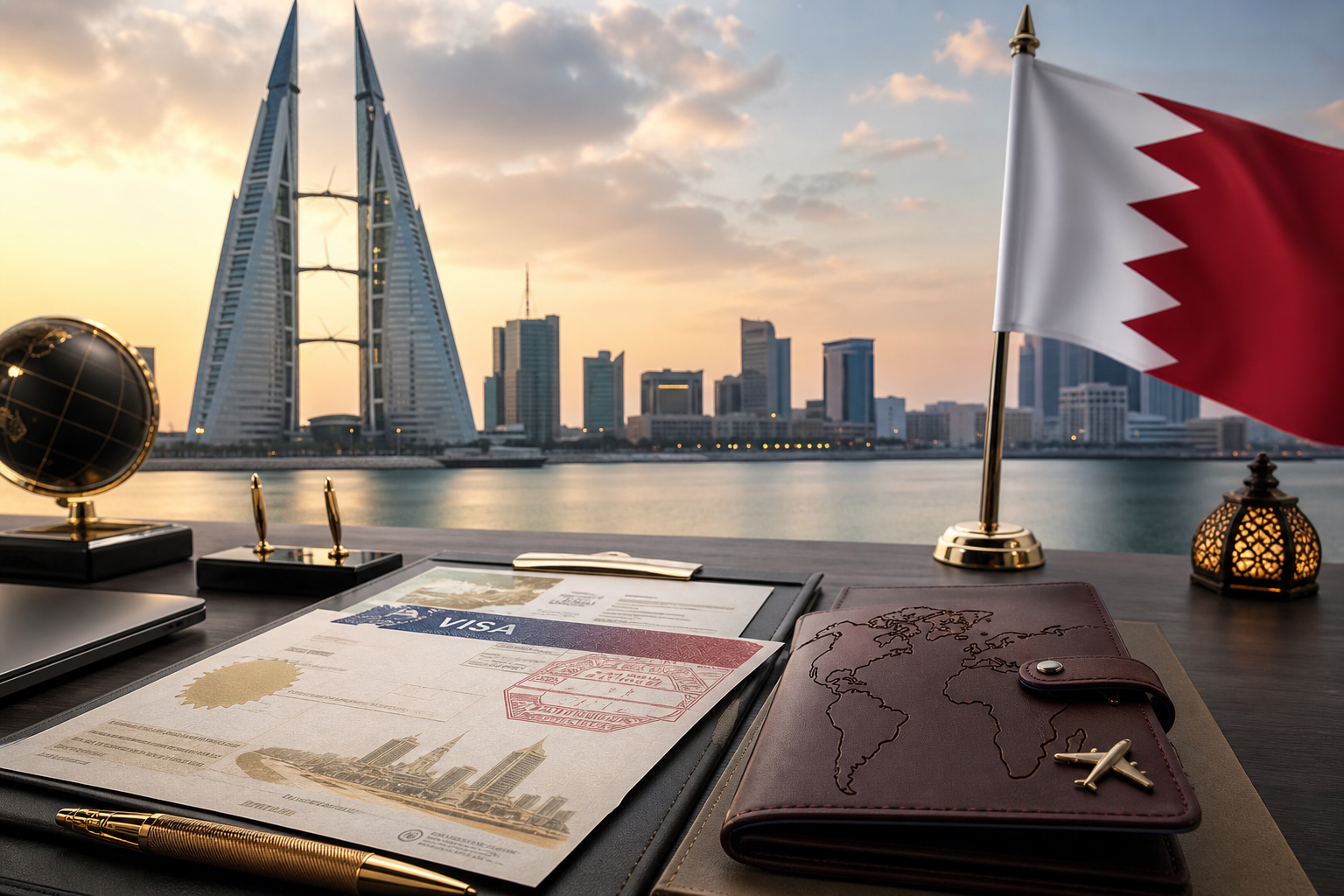 Bahrain skyline and visa documents