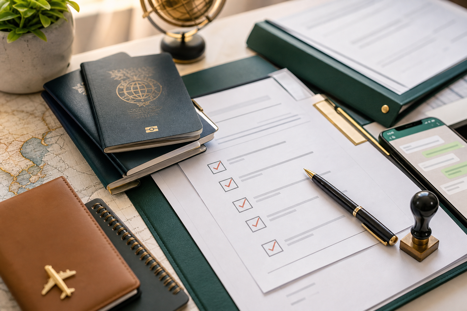 Organized visa checklist papers, passport booklets, and consultation documents