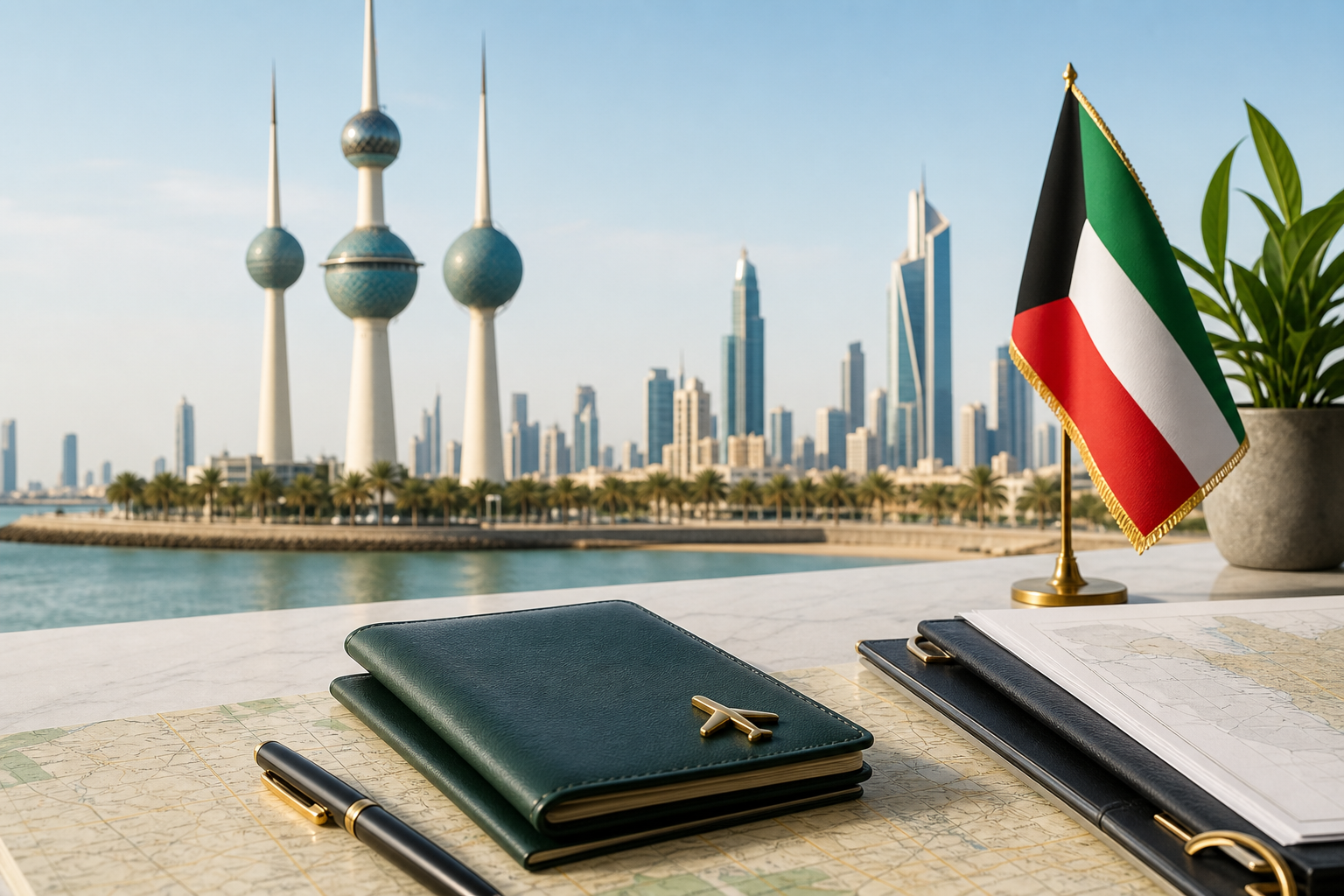 Kuwait skyline and travel documents for visit visa guidance